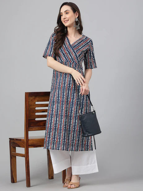 Navy Blue Cotton Geometric Straight Kurta