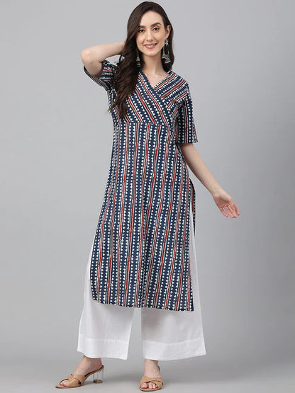 Navy Blue Cotton Geometric Straight Kurta