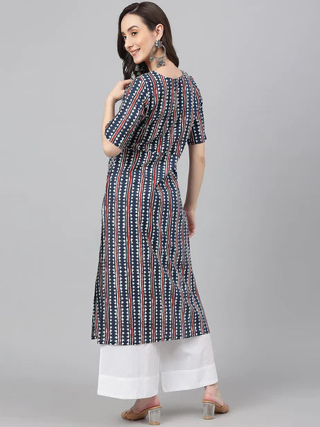 Navy Blue Cotton Geometric Straight Kurta