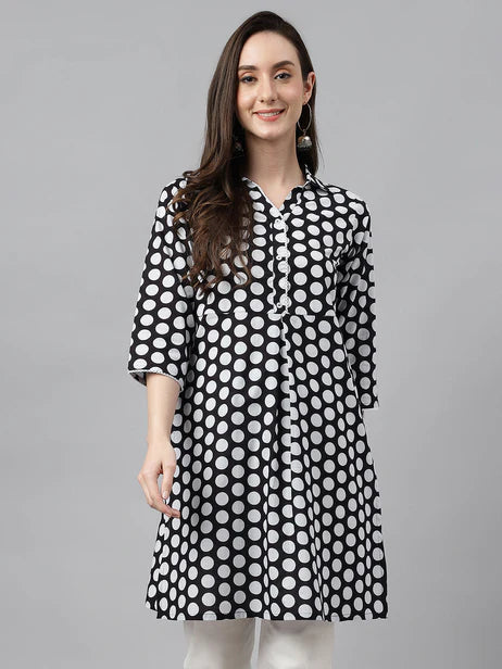 Black Cotton Polka Print A-Line Tunic