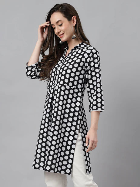 Black Cotton Polka Print A-Line Tunic