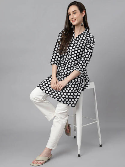 Black Cotton Polka Print A-Line Tunic