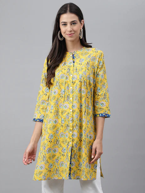 Yellow Cotton Floral Print Empire Tunic