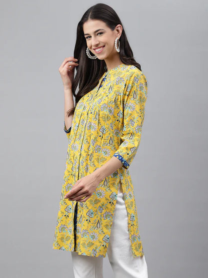 Yellow Cotton Floral Print Empire Tunic