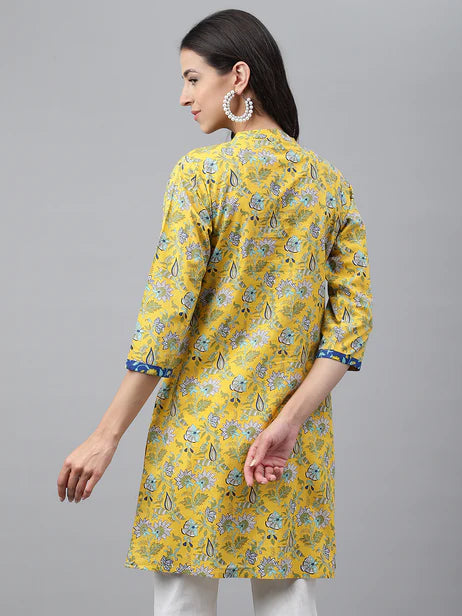 Yellow Cotton Floral Print Empire Tunic