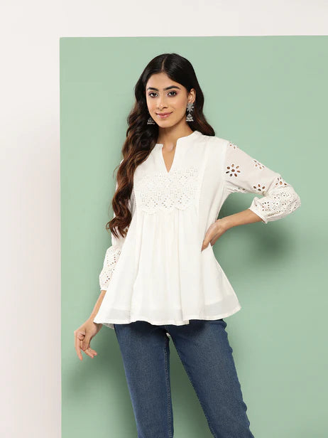 White Cotton Schiffli A-Line Top