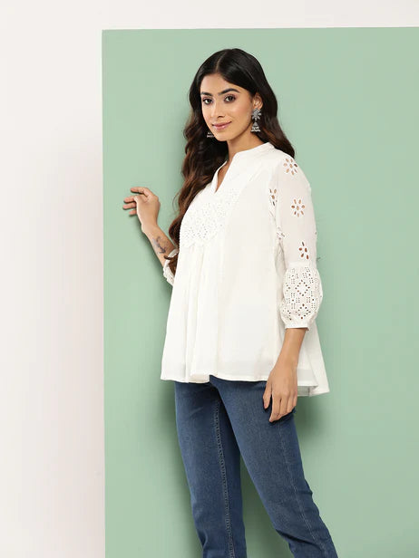 White Cotton Schiffli A-Line Top