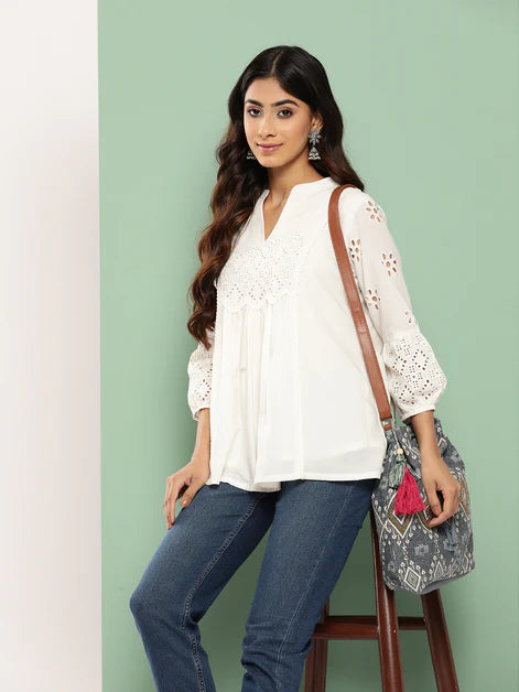 White Cotton Schiffli A-Line Top