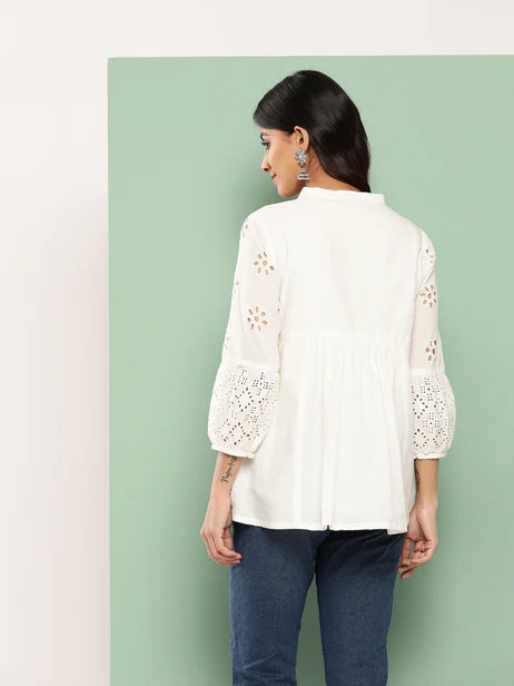 White Cotton Schiffli A-Line Top