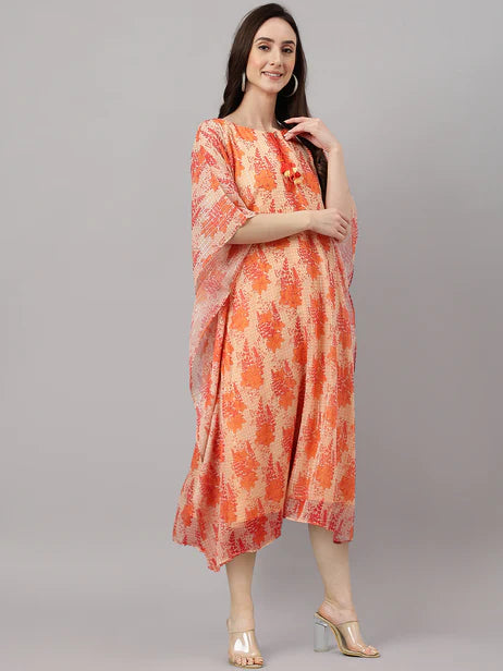 Orange Chiffon Lurex Floral Printed Kaftan Dress