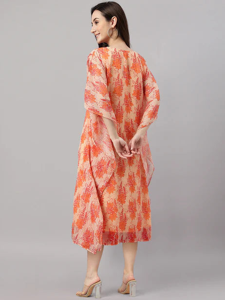 Orange Chiffon Lurex Floral Printed Kaftan Dress