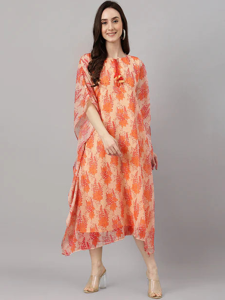 Orange Chiffon Lurex Floral Printed Kaftan Dress