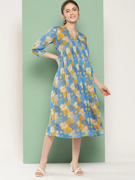 Yellow Chiffon Lurex Floral Printed flared Kurta