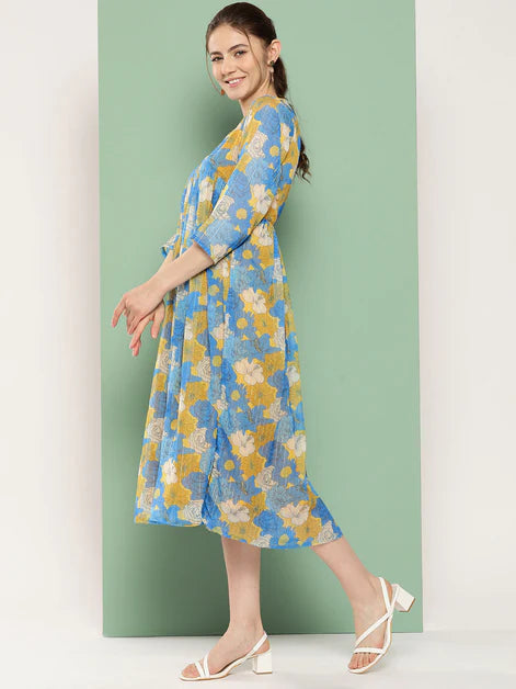 Yellow Chiffon Lurex Floral Printed flared Kurta