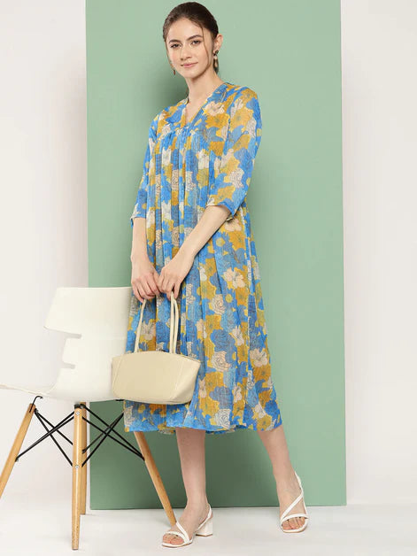 Yellow Chiffon Lurex Floral Printed flared Kurta