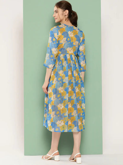 Yellow Chiffon Lurex Floral Printed flared Kurta