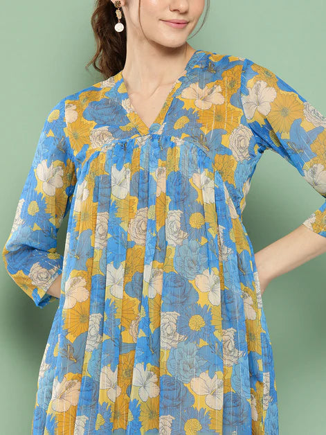 Yellow Chiffon Lurex Floral Printed flared Kurta