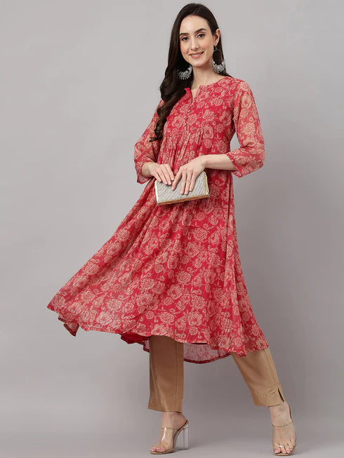 Dark Pink Chiffon Lurex Floral Printed flared Kurta