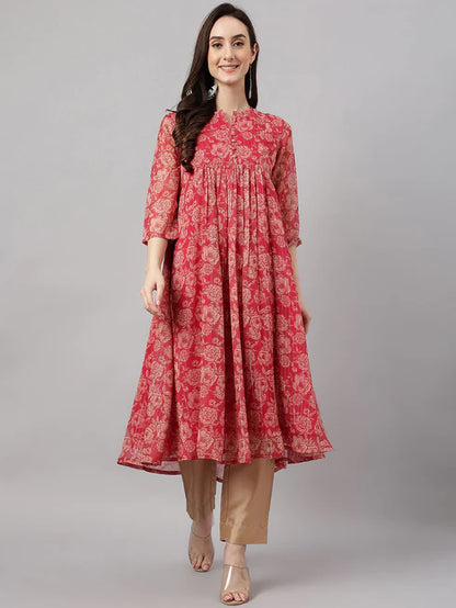 Dark Pink Chiffon Lurex Floral Printed flared Kurta