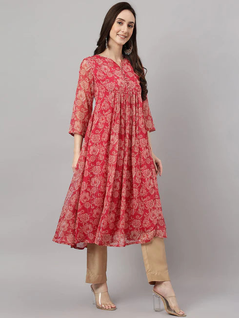 Dark Pink Chiffon Lurex Floral Printed flared Kurta