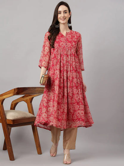 Dark Pink Chiffon Lurex Floral Printed flared Kurta