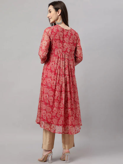 Dark Pink Chiffon Lurex Floral Printed flared Kurta