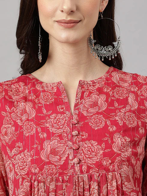 Dark Pink Chiffon Lurex Floral Printed flared Kurta