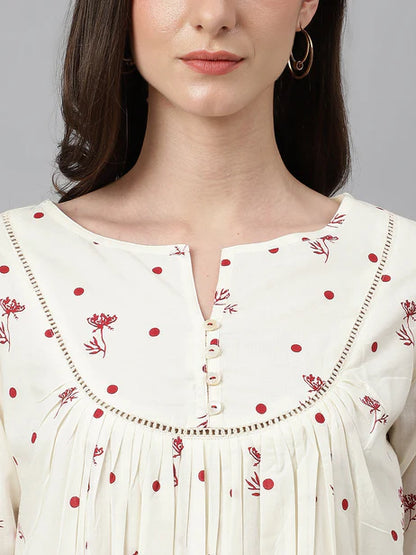 Off White Cambric Cotton Botanical Print Flared Tunic