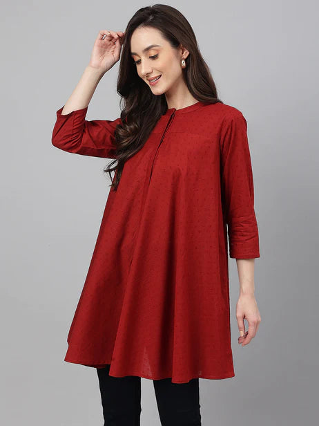 Maroon Dobby Cotton Solid A-Line Tunic