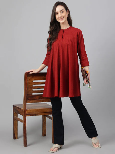 Maroon Dobby Cotton Solid A-Line Tunic