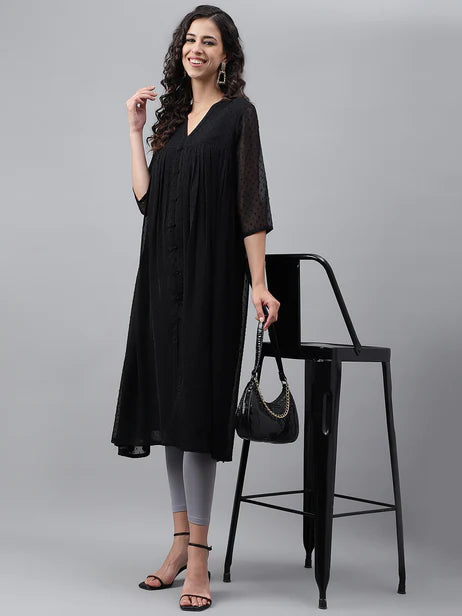 Black Dobby Chiffon Self Design Empire Kurta