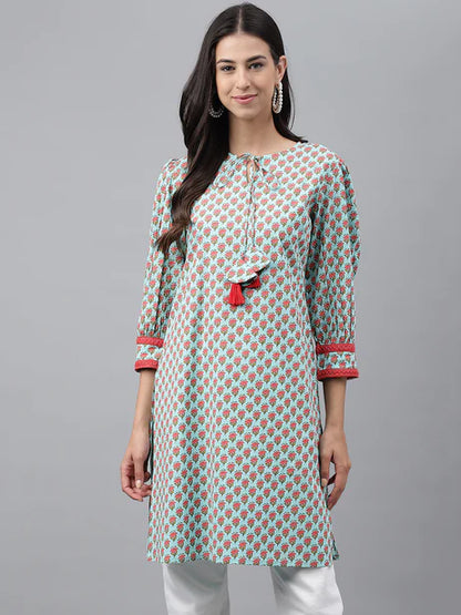 Light Green Cotton Floral Printed Regular Tunic