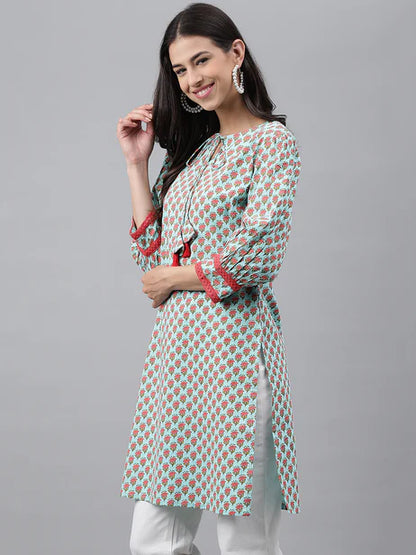 Light Green Cotton Floral Printed Regular Tunic