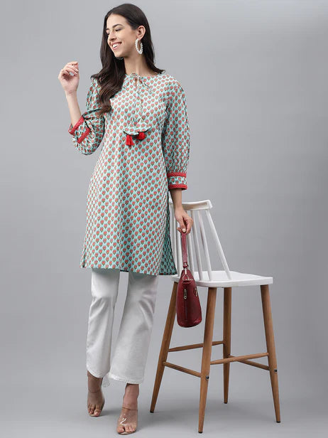 Light Green Cotton Floral Printed Regular Tunic