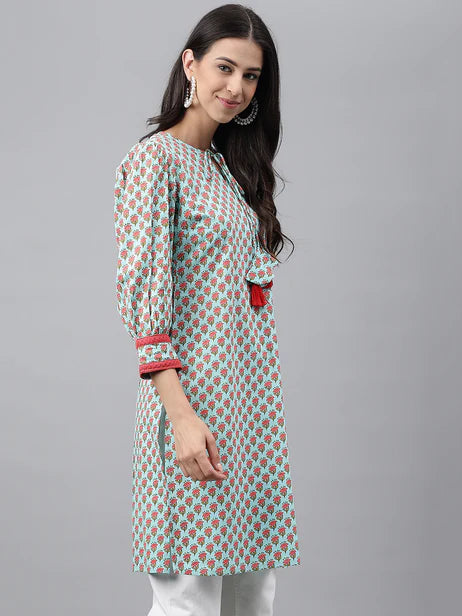 Light Green Cotton Floral Printed Regular Tunic