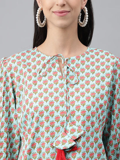 Light Green Cotton Floral Printed Regular Tunic