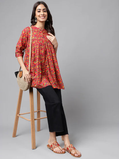 Red Cotton Floral Printed Empire Tunic