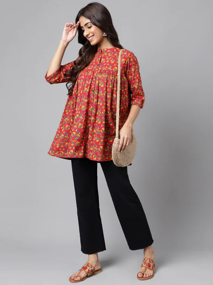 Red Cotton Floral Printed Empire Tunic