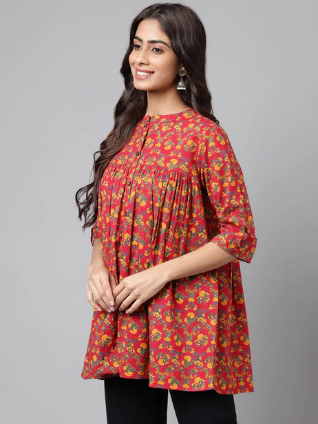 Red Cotton Floral Printed Empire Tunic