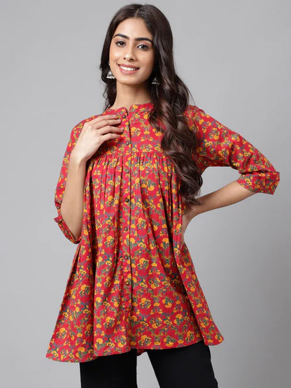 Red Cotton Floral Printed Empire Tunic