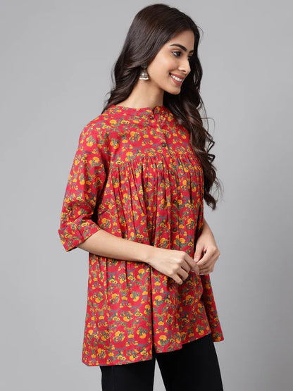 Red Cotton Floral Printed Empire Tunic