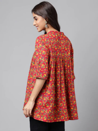 Red Cotton Floral Printed Empire Tunic