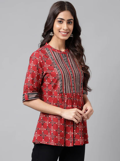 Maroon Cotton Ethnic Motifs A-Line Top