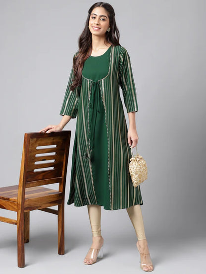 Green Crepe Foil Printed A-Line Kurta