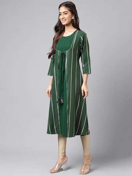 Green Crepe Foil Printed A-Line Kurta