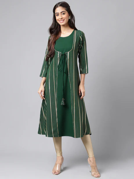 Green Crepe Foil Printed A-Line Kurta