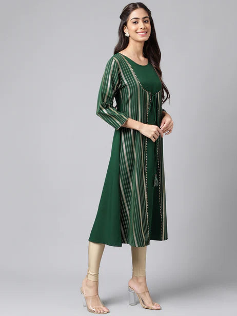 Green Crepe Foil Printed A-Line Kurta