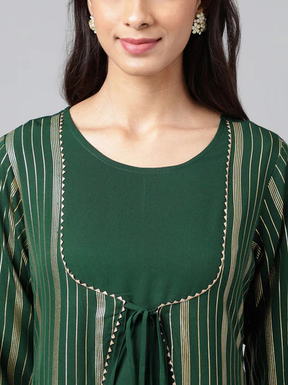 Green Crepe Foil Printed A-Line Kurta