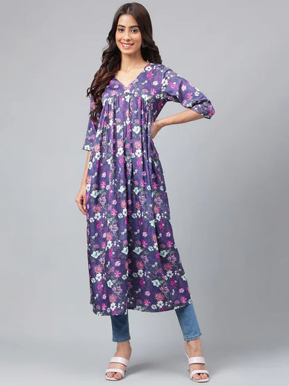 Navy Blue Satin Digital Floral Printed Gathered Kurta