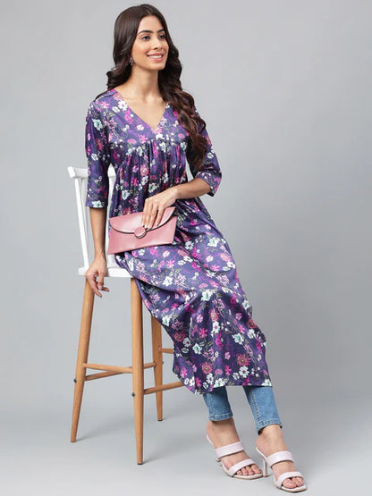 Navy Blue Satin Digital Floral Printed Gathered Kurta